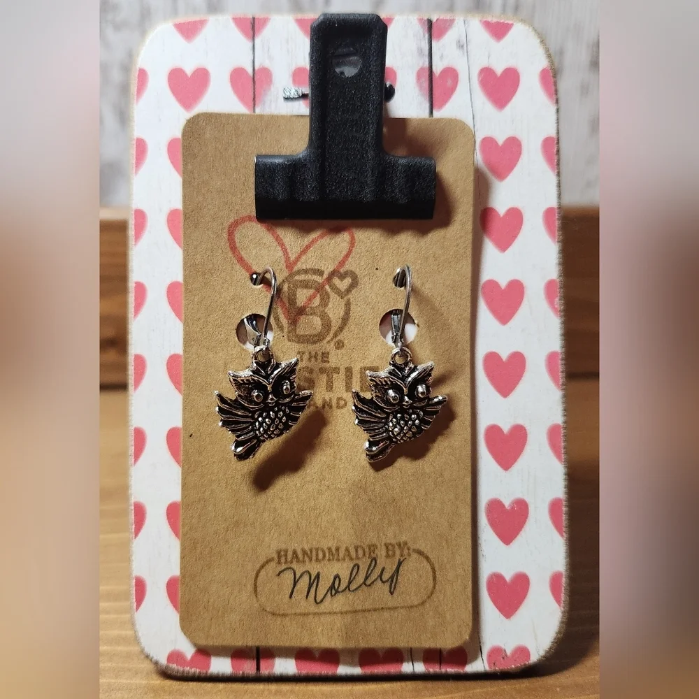 Handmade Silver in Color Cute Little Owl Charm Dangle Leverback Clasp Earrings